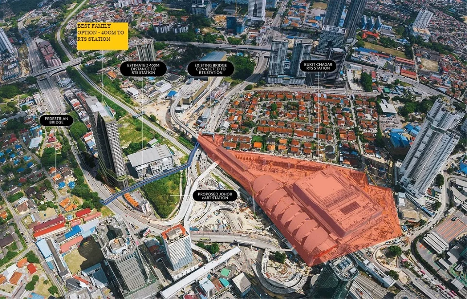 Aerial view of the estimated 400m walk to RTS Bukit Chagar station via the pedestrian bridge