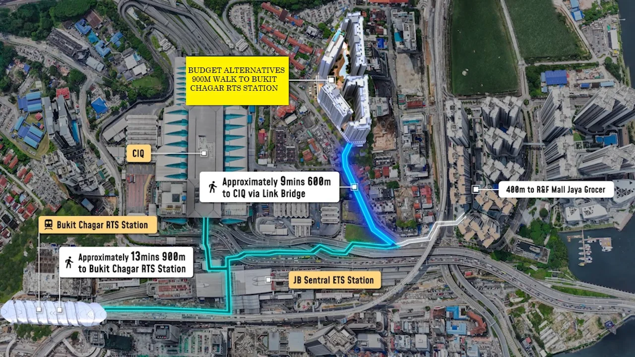 Aerial map of the approximately 900m, 13 minute walk to Bukit Chagar RTS station, with a 600m link bridge route to CIQ