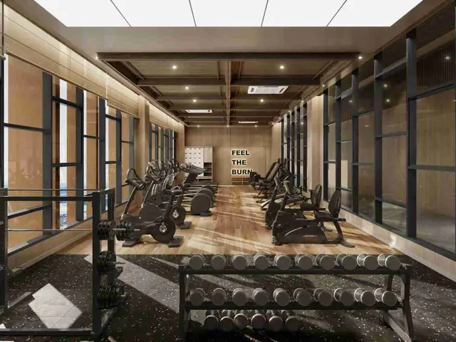Sky gym with exercise bikes, weights and sea views