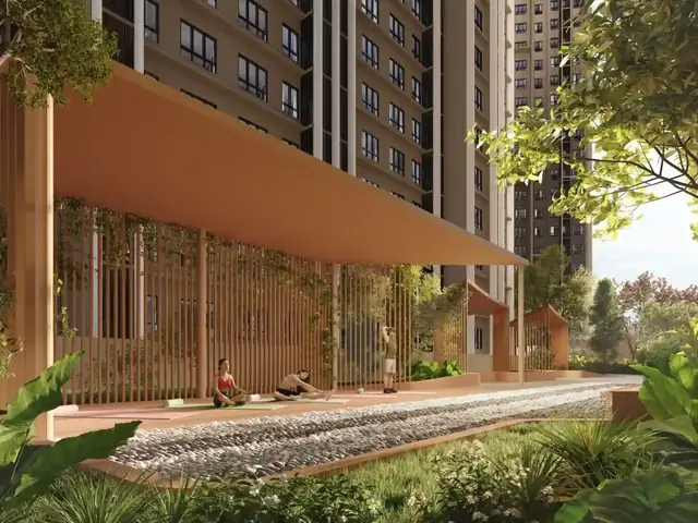 Yoga deck beside a pebble walking path
