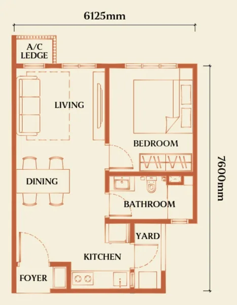 Floor plan of a 474 sqft 1 bedroom, 1 bath unit, 900m walk to RTS Bukit Chagar