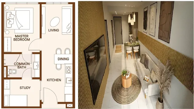 Floor plan of a 511 sqft 1+1 bedroom unit, 210m walk to RTS Bukit Chagar