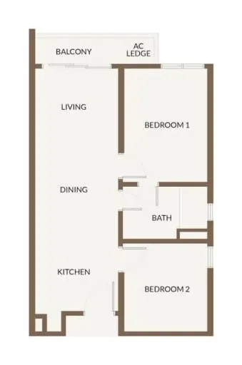 Floor plan of a 650 sqft 2 bedroom, 1 bath unit, 400m covered walk to RTS Bukit Chagar
