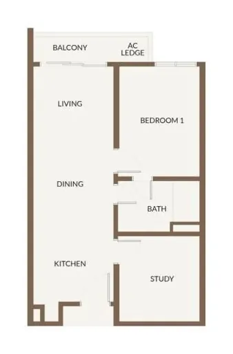 Floor plan of a 650 sqft 2 bedroom unit with study layout near RTS Bukit Chagar