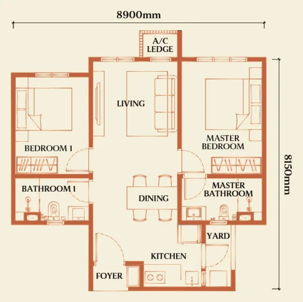 Floor plan of a 667 sqft 2 bedroom unit with centre living room near RTS Bukit Chagar