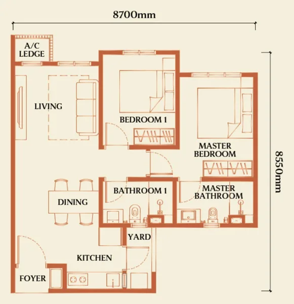 Floor plan of a 667 sqft 2 bedroom unit with side living room near RTS Bukit Chagar