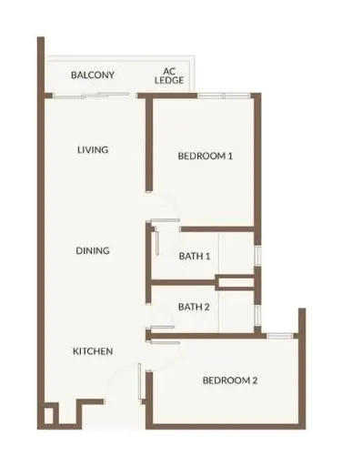 Floor plan of a 693 sqft 2 bedroom, 2 bath unit, 400m covered walk to RTS Bukit Chagar
