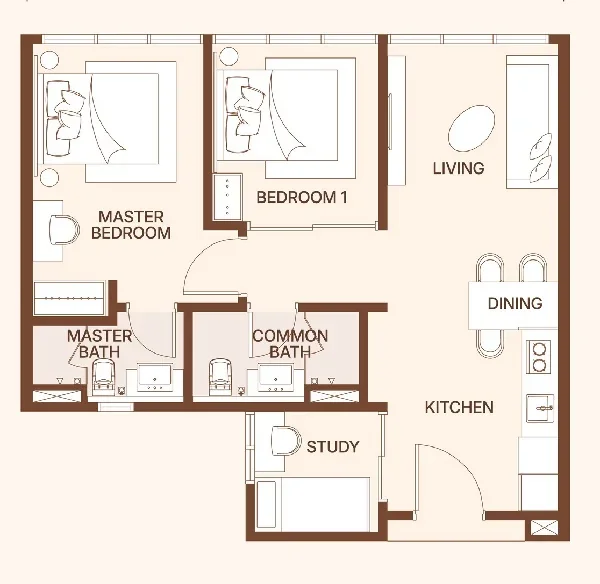 Floor plan of a 705 sqft 2+1 bedroom family unit, 210m walk to RTS Bukit Chagar