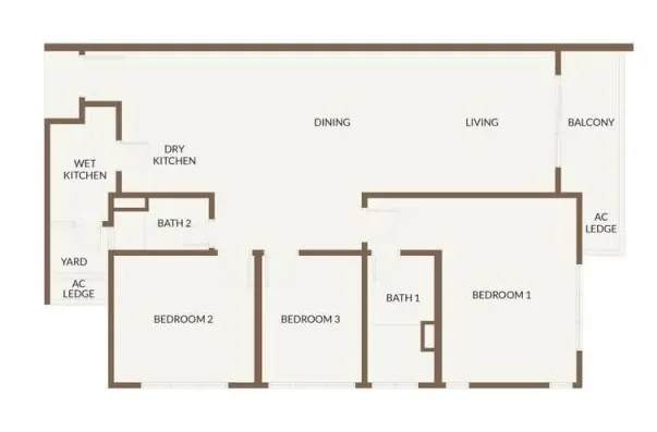 Floor plan of a 1,315 sqft premium dual key 3 bedroom unit near RTS Bukit Chagar