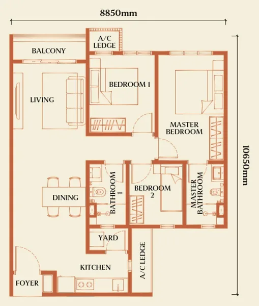 Floor plan of an 850 sqft 3 bedroom unit with balcony near RTS Bukit Chagar