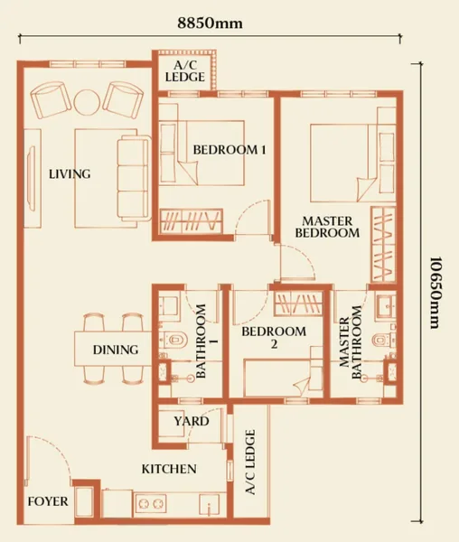 Floor plan of an 850 sqft 3 bedroom unit with larger living room, no balcony, near RTS Bukit Chagar