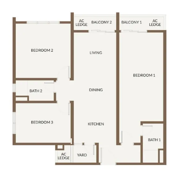 Floor plan of a 1,033 sqft dual key 3 bedroom unit, layout 1, near RTS Bukit Chagar