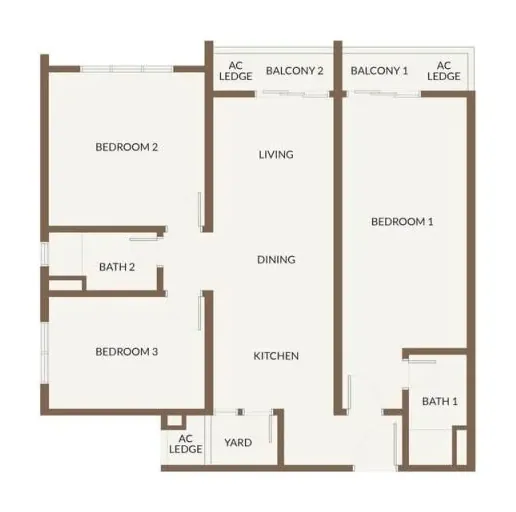 Floor plan of a 1,033 sqft dual key 3 bedroom unit, layout 2, near RTS Bukit Chagar