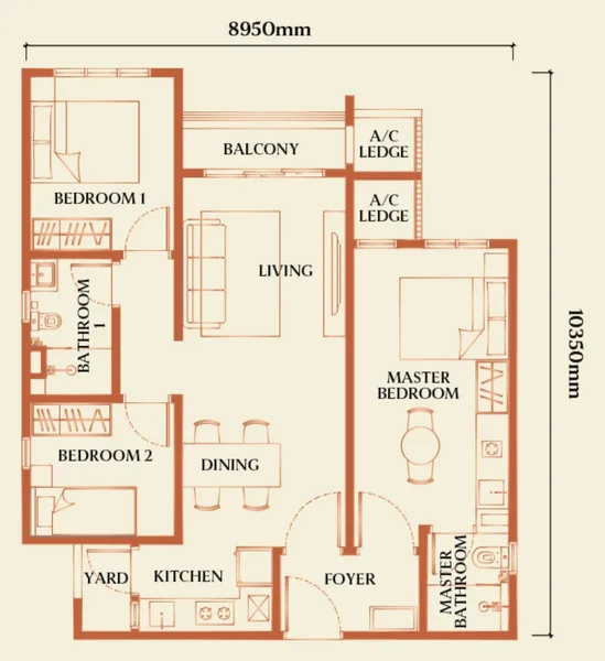 Floor plan of an 850 sqft dual key unit with balcony near RTS Bukit Chagar
