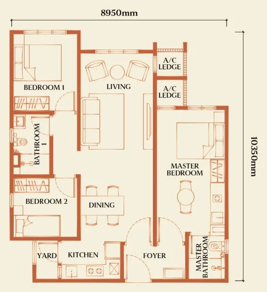 Floor plan of an 850 sqft dual key unit with larger living room, no balcony, near RTS Bukit Chagar