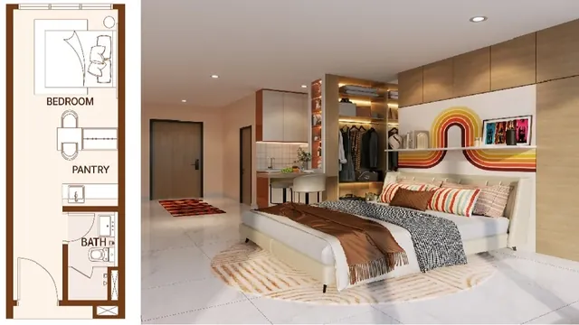 Floor plan of a 280 sqft 1 bedroom, 1 bath unit, 210m walk to RTS Bukit Chagar